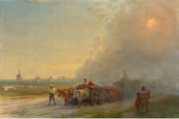 Landscape Oil Painting - Ox Cart on Dusty Country Road at Sunset - Oil Painting Haven