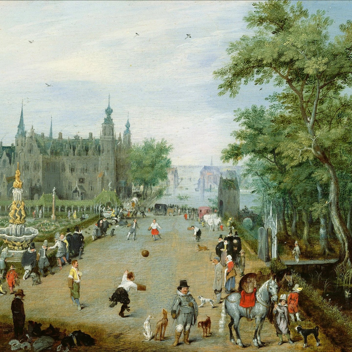 Landscape Oil Painting - Palace Grounds with Figures & Activities - Oil Painting Haven