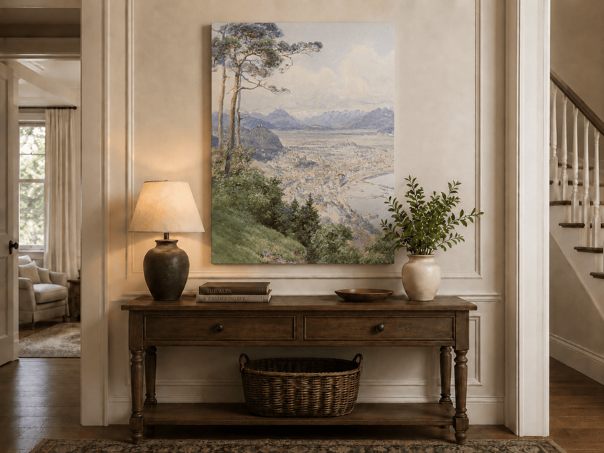 Landscape Oil Painting - Panoramic Alpine Town and Lakeside View