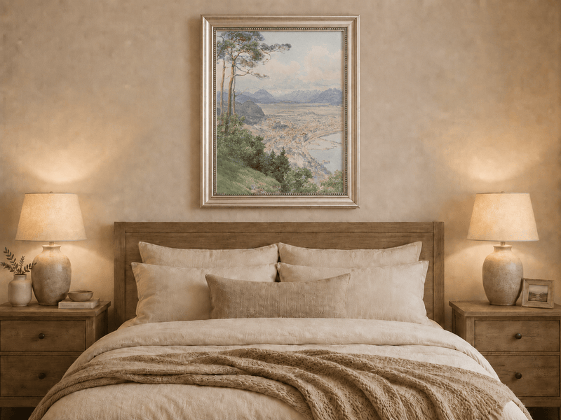 Landscape Oil Painting - Panoramic Alpine Town and Lakeside View