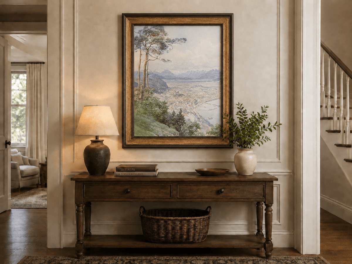 Landscape Oil Painting - Panoramic Alpine Town and Lakeside View