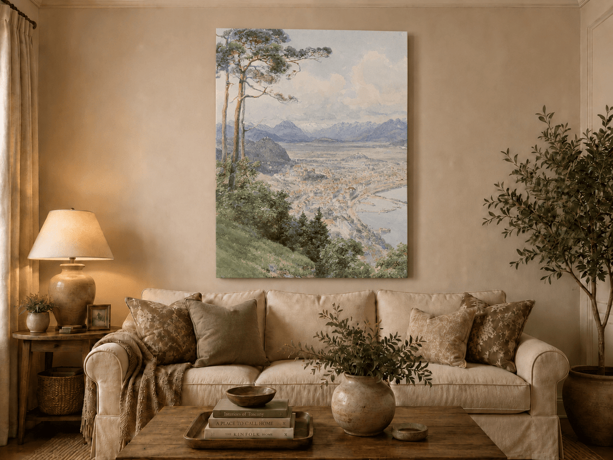 Landscape Oil Painting - Panoramic Alpine Town and Lakeside View
