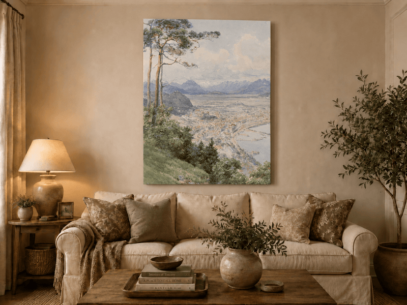 Landscape Oil Painting - Panoramic Alpine Town and Lakeside View