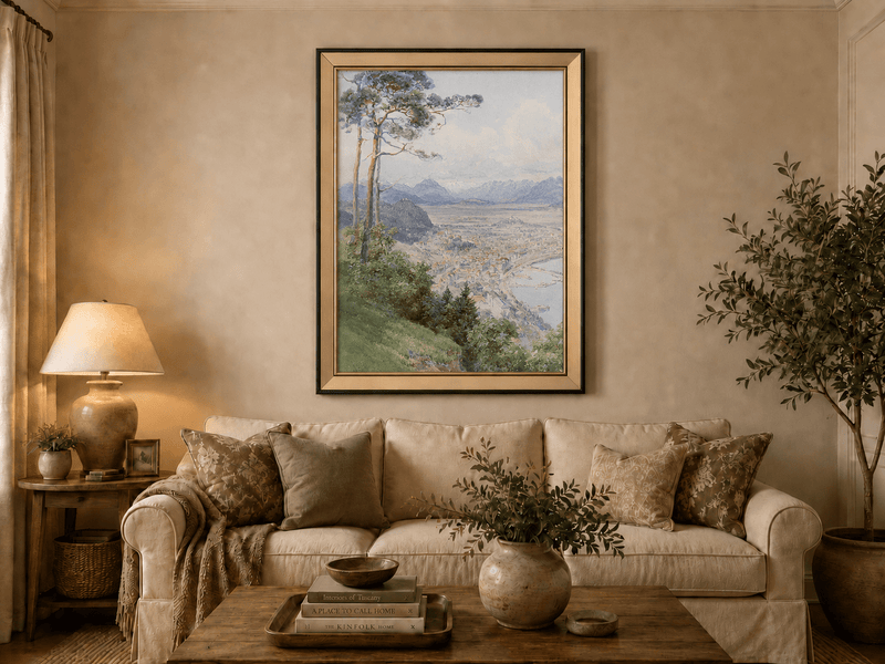 Landscape Oil Painting - Panoramic Alpine Town and Lakeside View