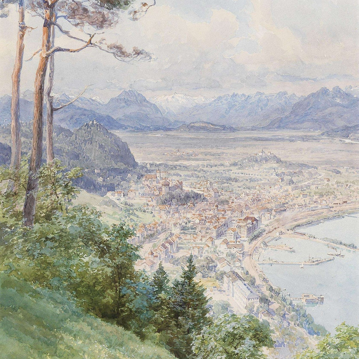 Hand-painted panoramic alpine town and lakeside view landscape oil painting on canvas
