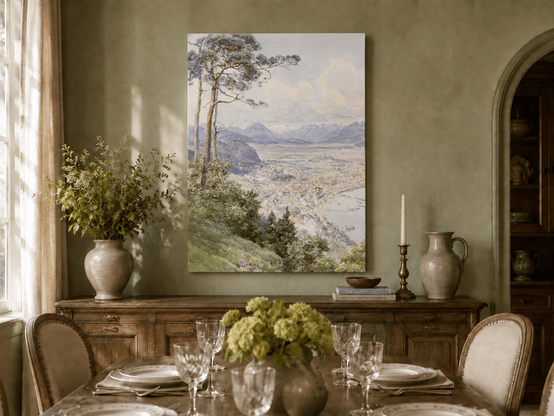 Landscape Oil Painting - Panoramic Alpine Town and Lakeside View