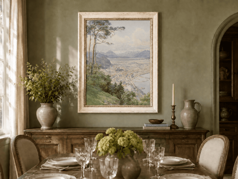 Landscape Oil Painting - Panoramic Alpine Town and Lakeside View