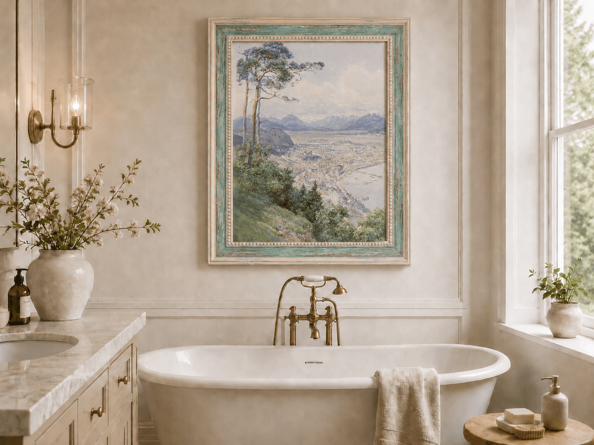 Landscape Oil Painting - Panoramic Alpine Town and Lakeside View