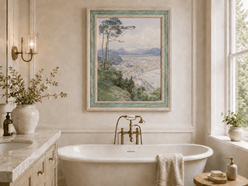 Landscape Oil Painting - Panoramic Alpine Town and Lakeside View