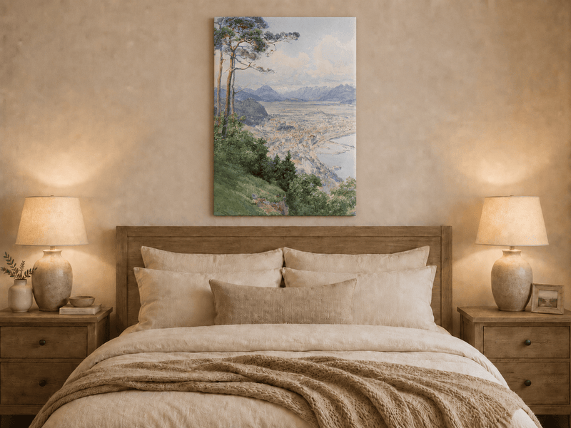 Landscape Oil Painting - Panoramic Alpine Town and Lakeside View
