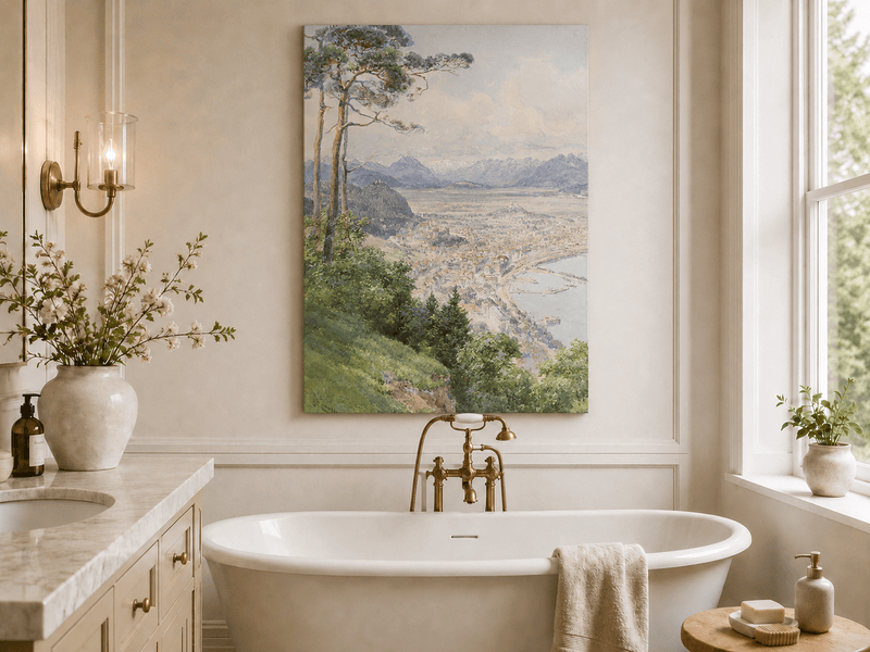 Landscape Oil Painting - Panoramic Alpine Town and Lakeside View