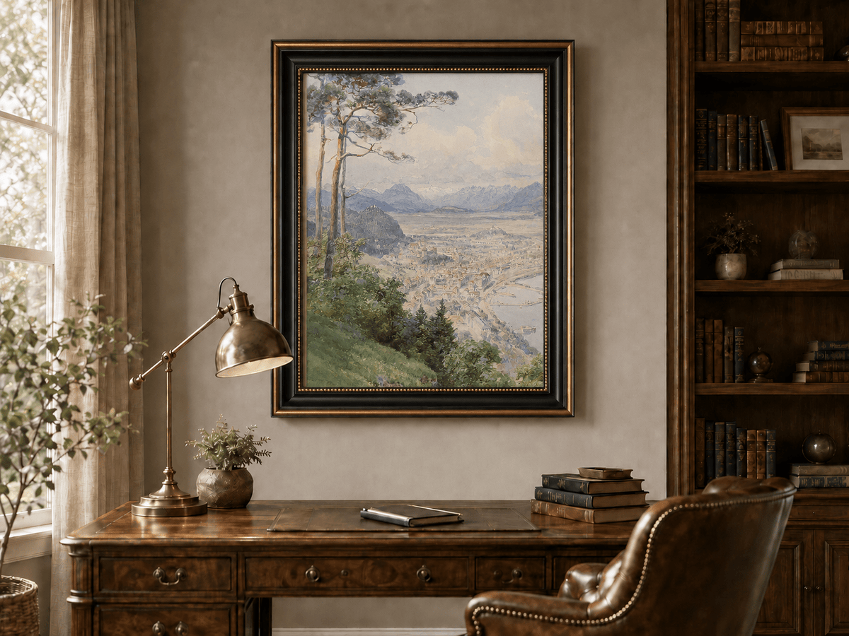 Landscape Oil Painting - Panoramic Alpine Town and Lakeside View