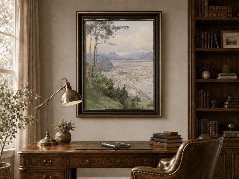 Landscape Oil Painting - Panoramic Alpine Town and Lakeside View
