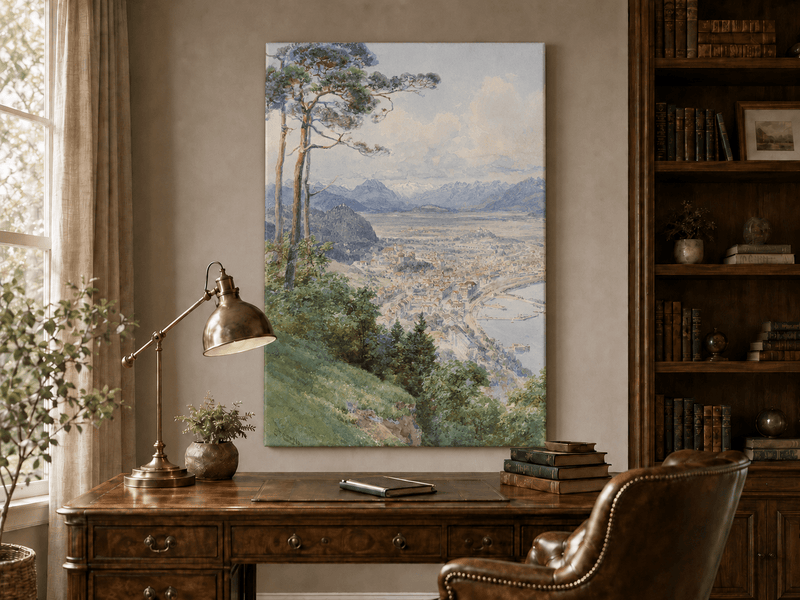 Landscape Oil Painting - Panoramic Alpine Town and Lakeside View