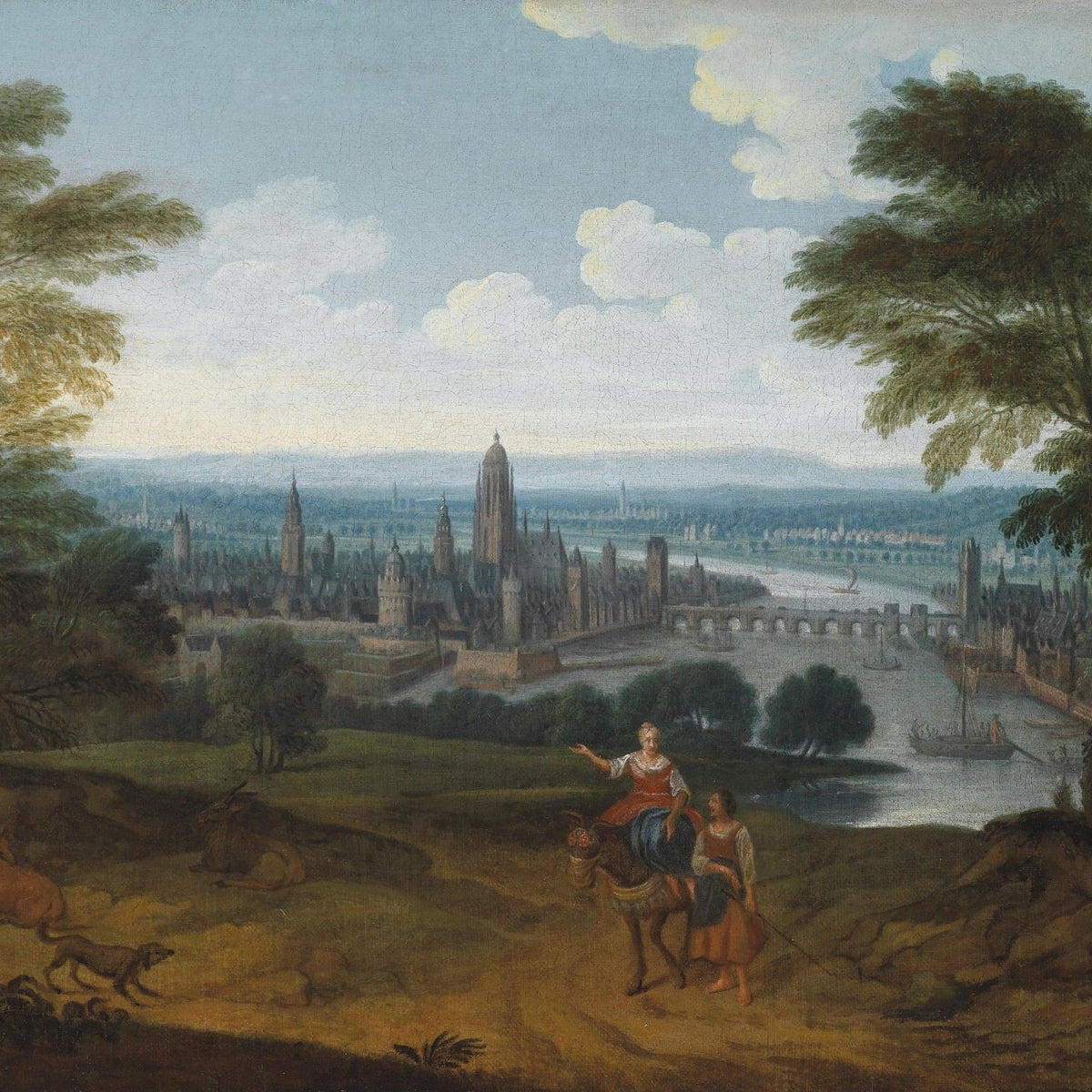 Landscape Oil Painting - Panoramic City, Donkey Figures, Cathedral, River - Oil Painting Haven