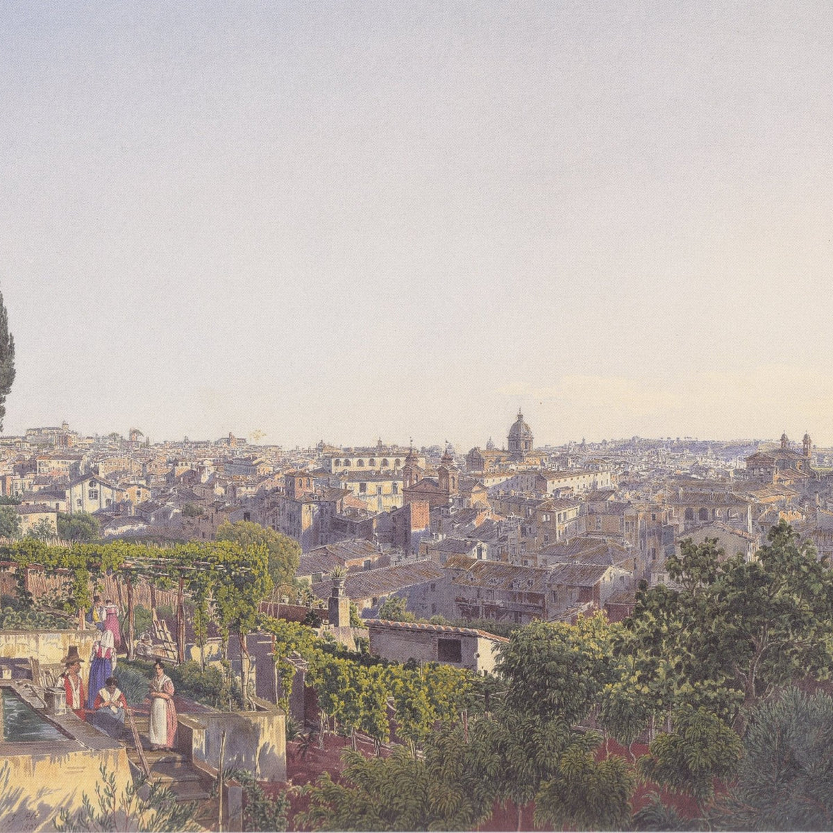 Hand-painted panoramic city view from garden terrace landscape oil painting on canvas