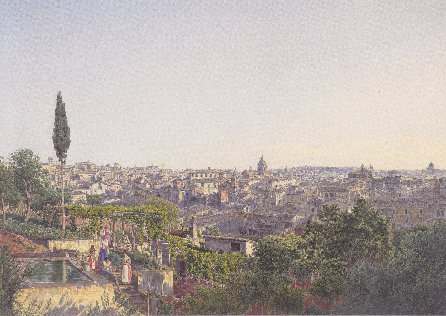 Hand-painted panoramic city view from garden terrace landscape oil painting on canvas