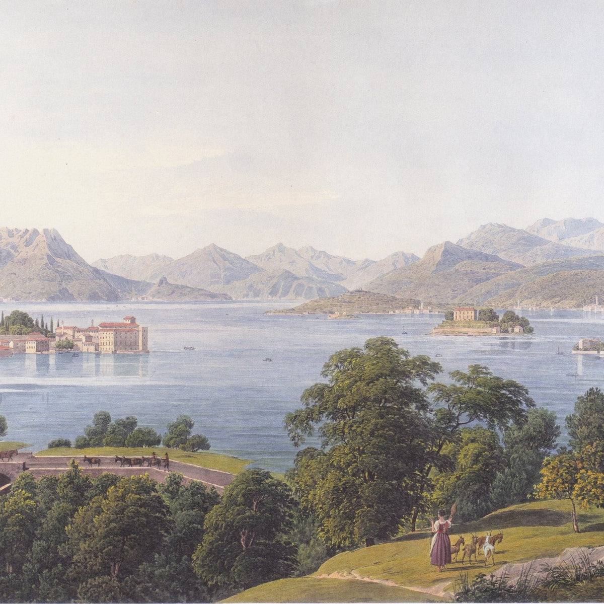 Hand-painted panoramic lake and mountain islands landscape oil painting on canvas