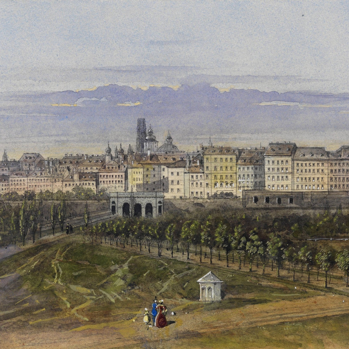 Hand-painted panoramic old town skyline view landscape oil painting on canvas