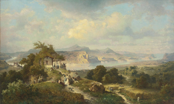 Landscape Oil Painting - Panoramic Rhine Valley with Figures - Oil Painting Haven