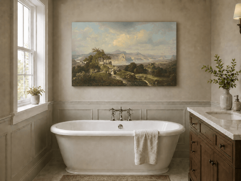 Landscape Oil Painting - Panoramic Rhine Valley with Figures