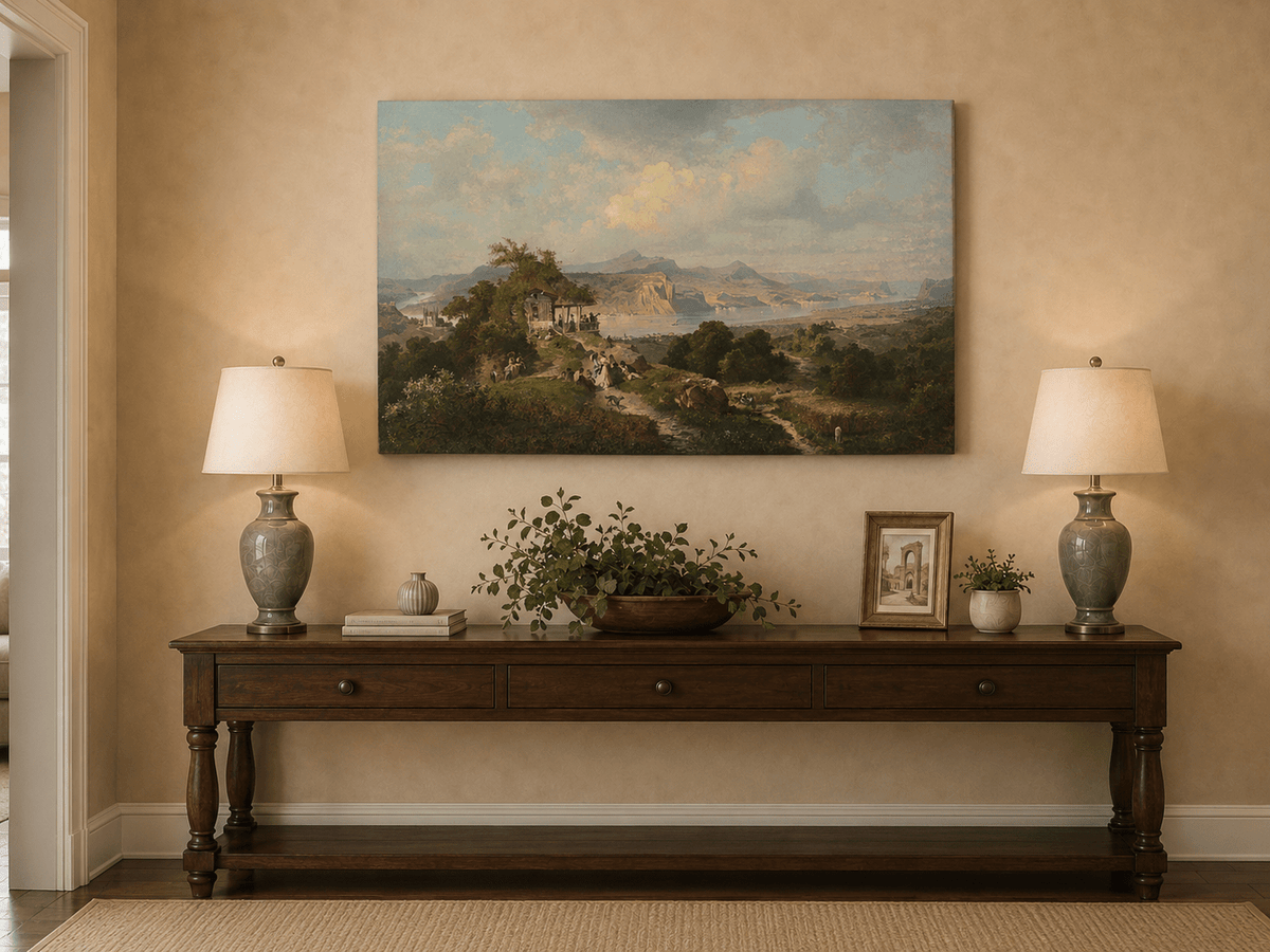Landscape Oil Painting - Panoramic Rhine Valley with Figures