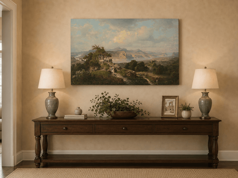 Landscape Oil Painting - Panoramic Rhine Valley with Figures
