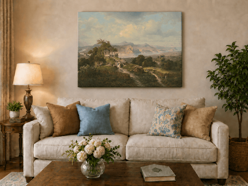 Landscape Oil Painting - Panoramic Rhine Valley with Figures