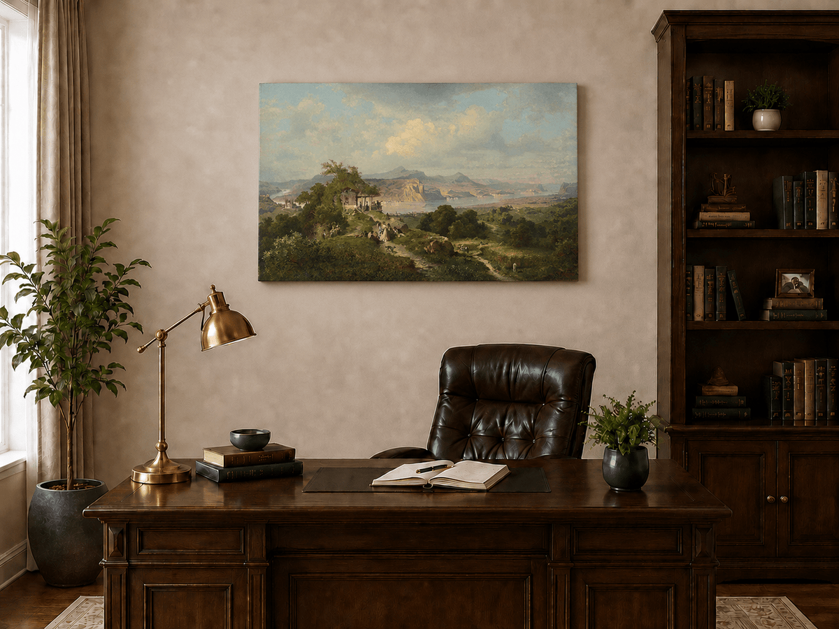 Landscape Oil Painting - Panoramic Rhine Valley with Figures