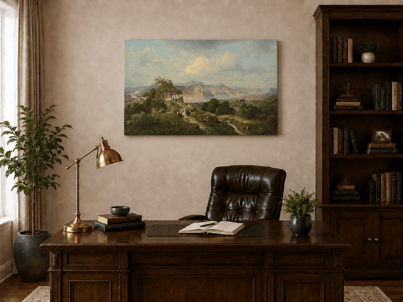 Landscape Oil Painting - Panoramic Rhine Valley with Figures