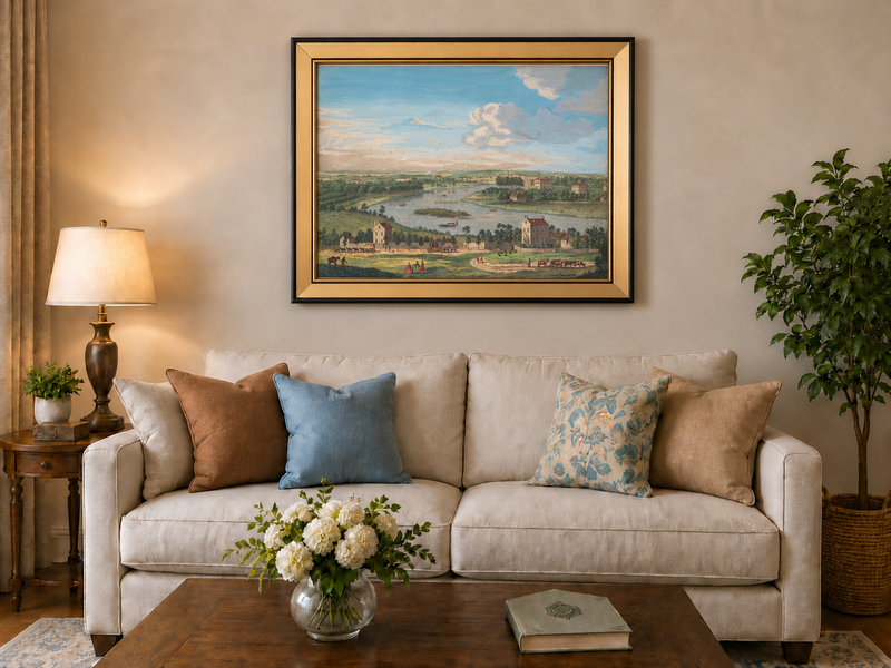 Hand-painted Panoramic River Estate Countryside landscape oil painting displayed as wall art in a styled interior