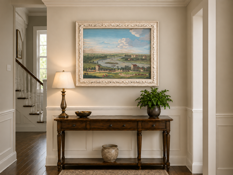 Hand-painted Panoramic River Estate Countryside landscape oil painting displayed as wall art in a styled interior