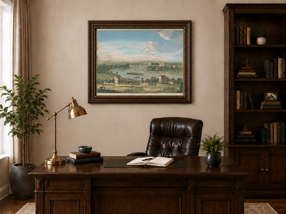 Hand-painted Panoramic River Estate Countryside landscape oil painting displayed as wall art in a styled interior