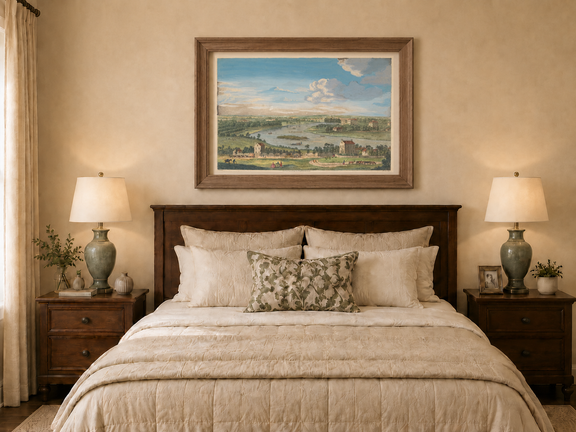 Hand-painted Panoramic River Estate Countryside landscape oil painting displayed as wall art in a styled interior