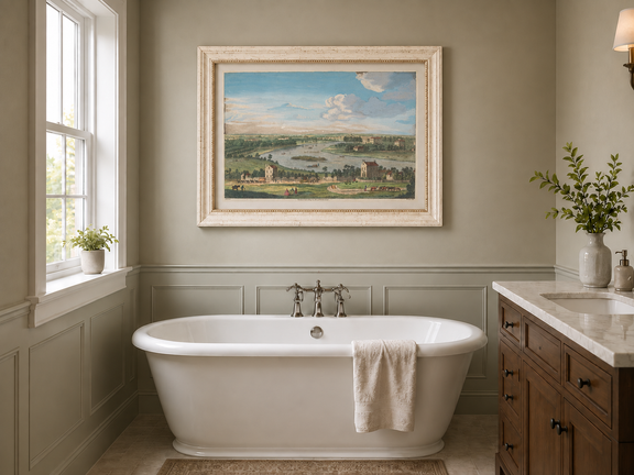 Hand-painted Panoramic River Estate Countryside landscape oil painting displayed as wall art in a styled interior
