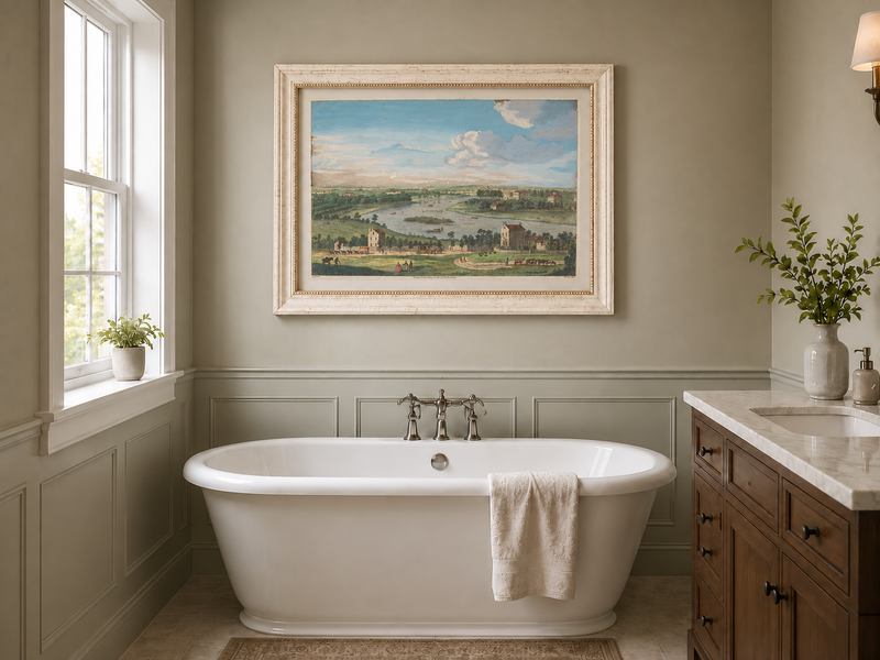 Hand-painted Panoramic River Estate Countryside landscape oil painting displayed as wall art in a styled interior