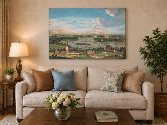 Hand-painted Panoramic River Estate Countryside landscape oil painting displayed as wall art in a styled interior