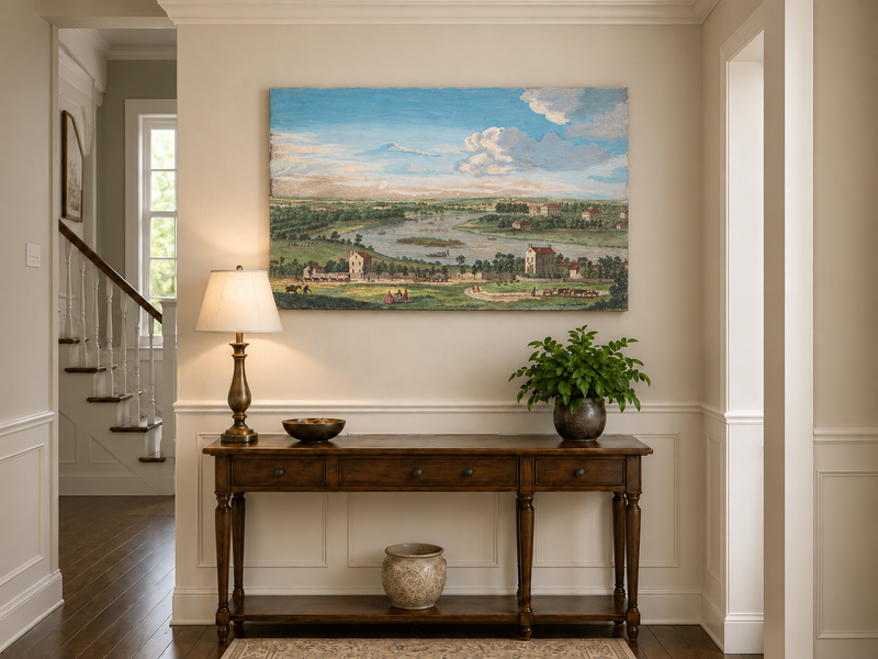 Hand-painted Panoramic River Estate Countryside landscape oil painting displayed as wall art in a styled interior
