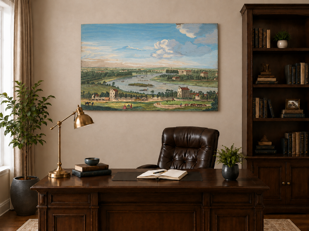 Hand-painted Panoramic River Estate Countryside landscape oil painting displayed as wall art in a styled interior