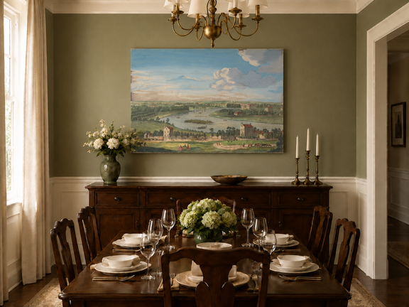 Hand-painted Panoramic River Estate Countryside landscape oil painting displayed as wall art in a styled interior