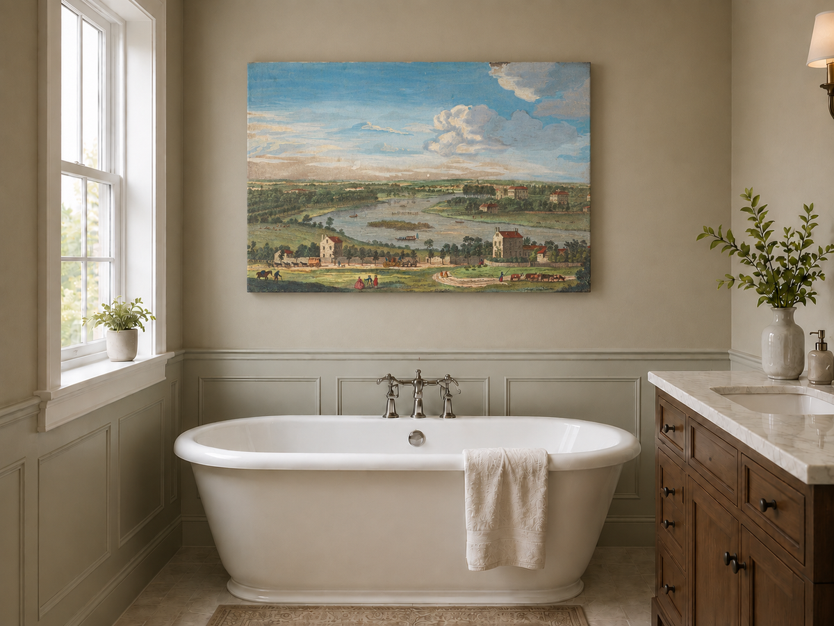 Hand-painted Panoramic River Estate Countryside landscape oil painting displayed as wall art in a styled interior
