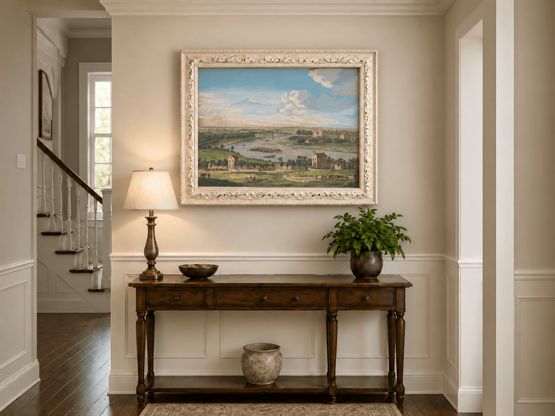 Hand-painted Panoramic River Estate Countryside landscape oil painting displayed as wall art in a styled interior