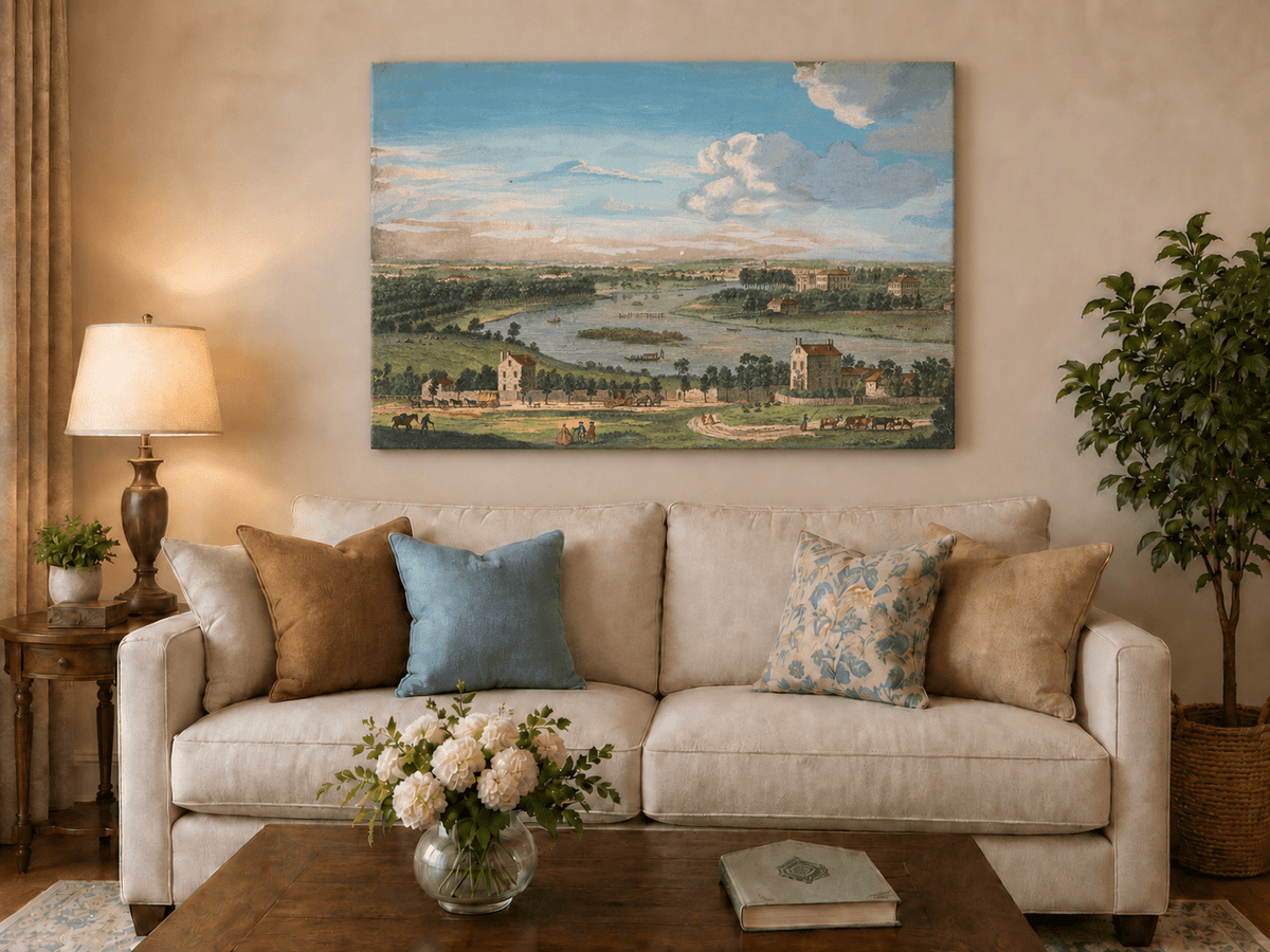 Hand-painted Panoramic River Estate Countryside landscape oil painting displayed as wall art in a styled interior