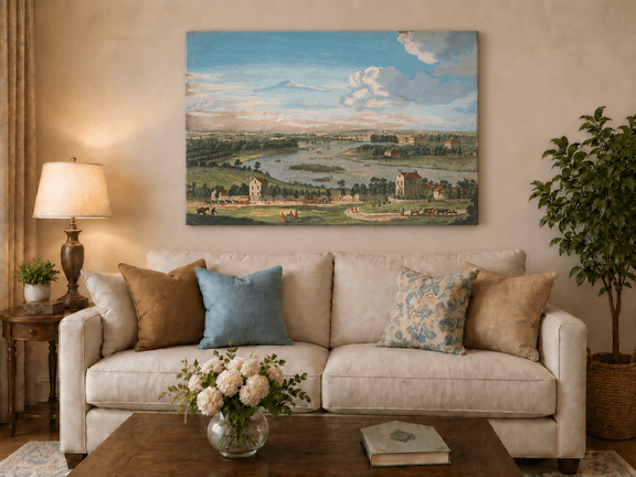 Hand-painted Panoramic River Estate Countryside landscape oil painting displayed as wall art in a styled interior