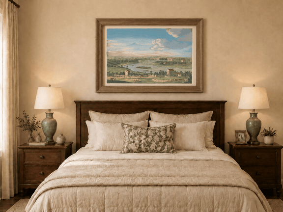 Hand-painted Panoramic River Estate Countryside landscape oil painting displayed as wall art in a styled interior