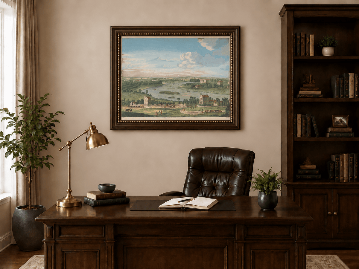 Hand-painted Panoramic River Estate Countryside landscape oil painting displayed as wall art in a styled interior