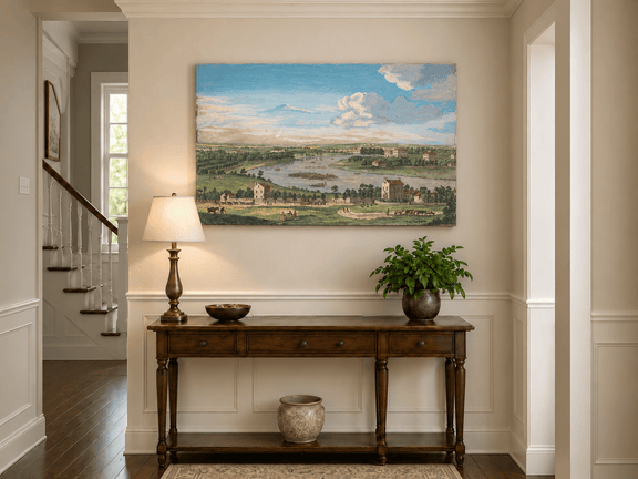 Hand-painted Panoramic River Estate Countryside landscape oil painting displayed as wall art in a styled interior