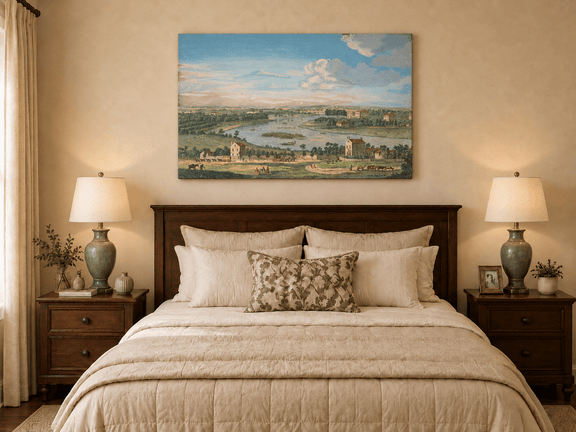 Hand-painted Panoramic River Estate Countryside landscape oil painting displayed as wall art in a styled interior