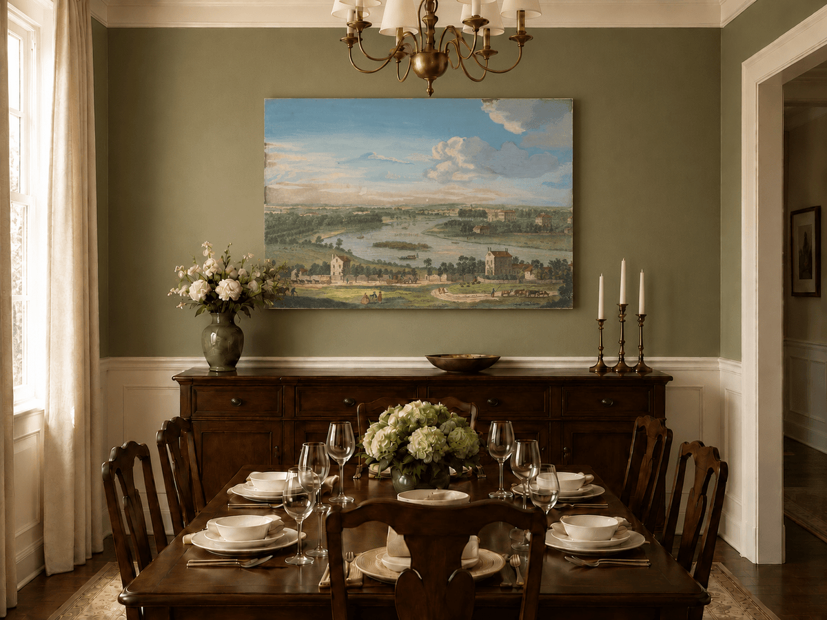 Hand-painted Panoramic River Estate Countryside landscape oil painting displayed as wall art in a styled interior