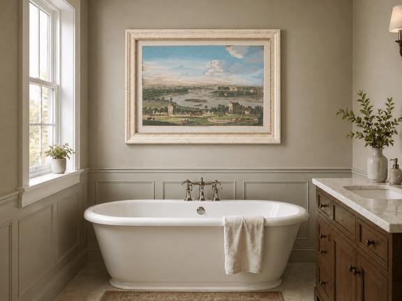 Hand-painted Panoramic River Estate Countryside landscape oil painting displayed as wall art in a styled interior